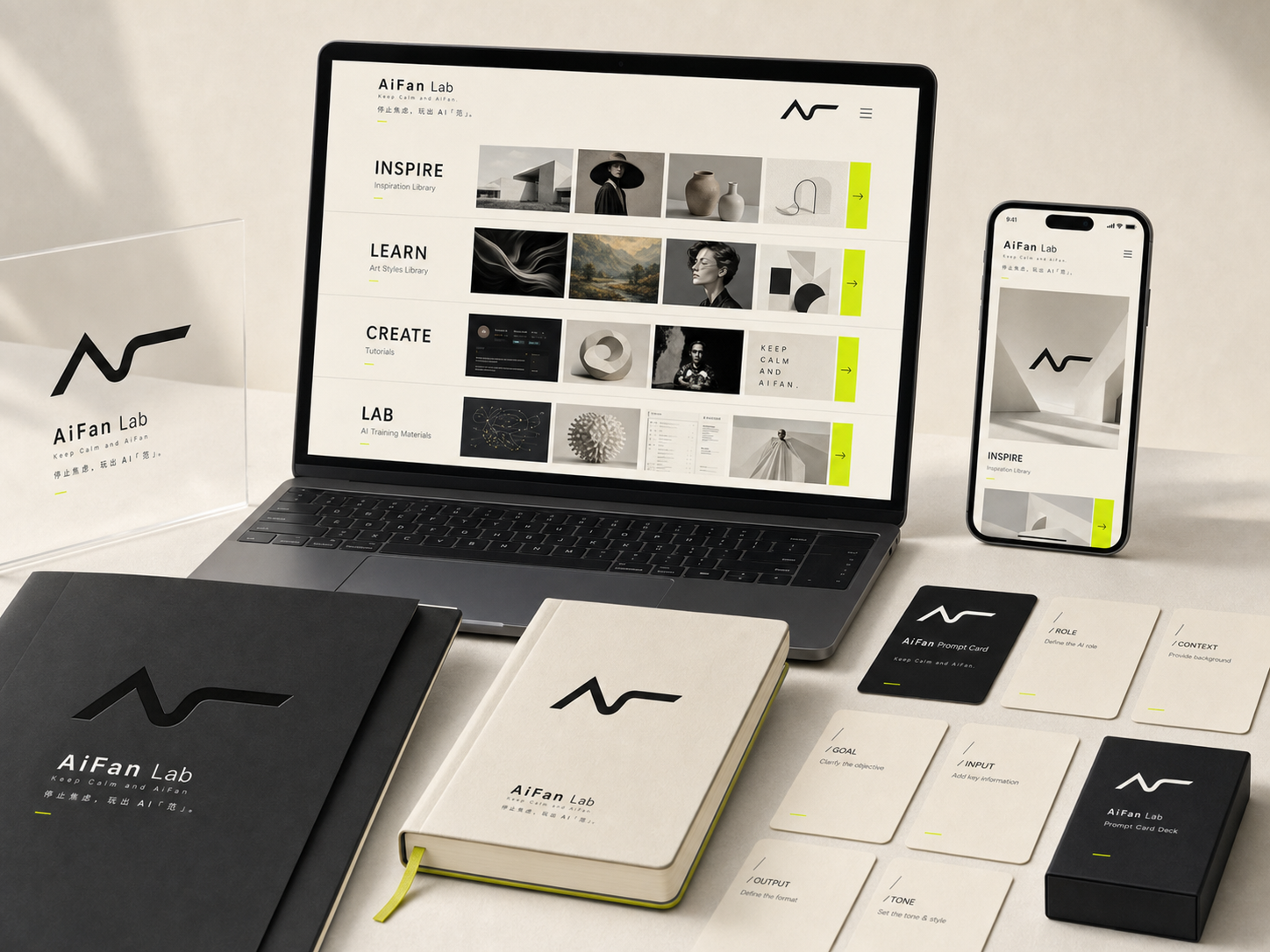 AiFan Lab 品牌在网站、手册和提示卡中的应用